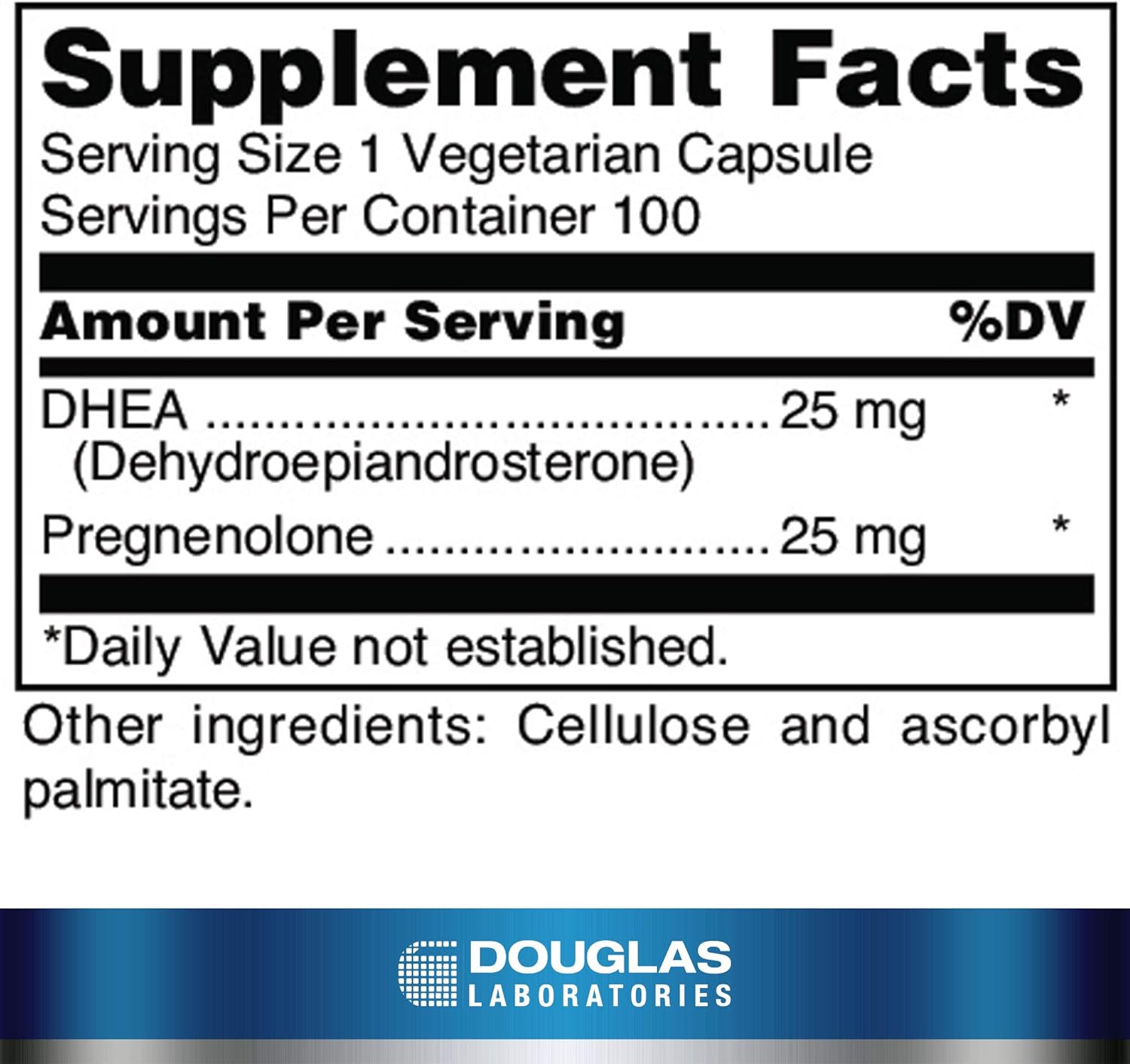 Supplement facts for a bottle of Douglas Labs DHEA Plus dietary supplement