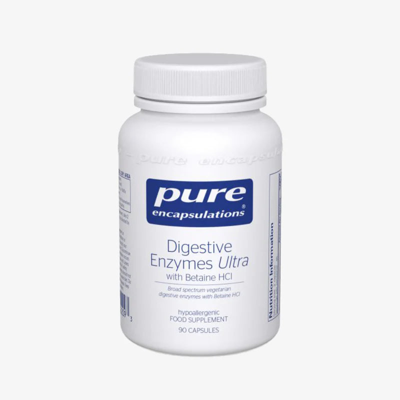 A white bottle with a blue label that reads 'Pure Encapsulations Digestive Enzymes Ultra with Betaine HCl'. It is a dietary supplement for digestive system support.