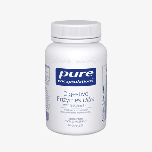 A white bottle with a blue label that reads 'Pure Encapsulations Digestive Enzymes Ultra with Betaine HCl'. It is a dietary supplement for digestive system support.