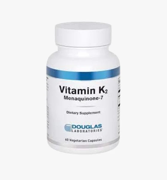 A bottle of Douglas Labs Vitamin K2 Menaquinone-7 dietary supplement with 60 vegetarian capsules.