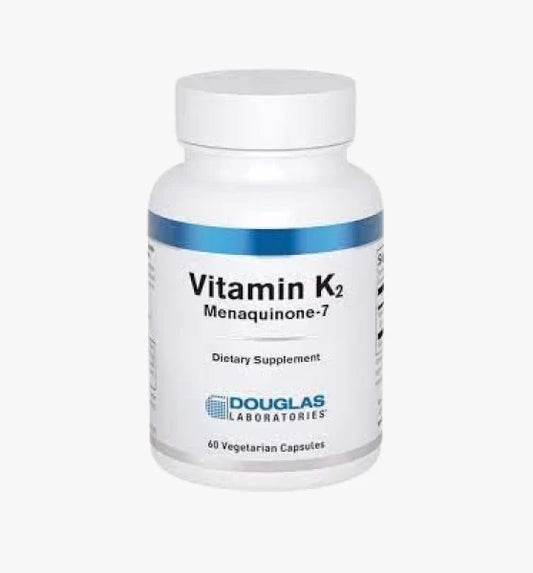 A bottle of Douglas Labs Vitamin K2 Menaquinone-7 dietary supplement with 60 vegetarian capsules.