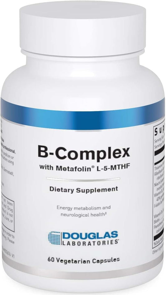 A bottle of Douglas Labs B-Complex dietary supplement with Metafolin L-5-MTHF, containing 60 vegetarian capsules.