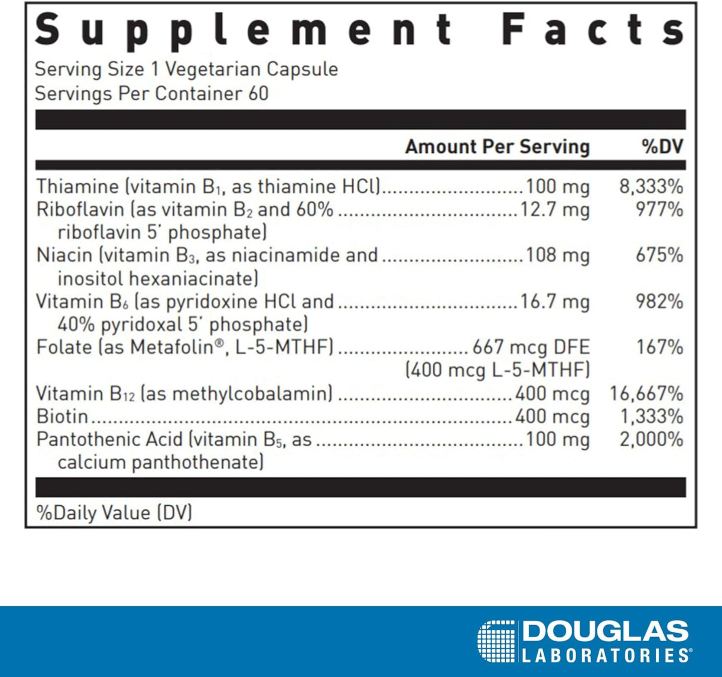 Supplement facts for a  bottle of Douglas Labs B-Complex dietary supplement with Metafolin L-5-MTHF
