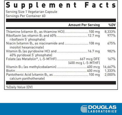 Supplement facts for a  bottle of Douglas Labs B-Complex dietary supplement with Metafolin L-5-MTHF