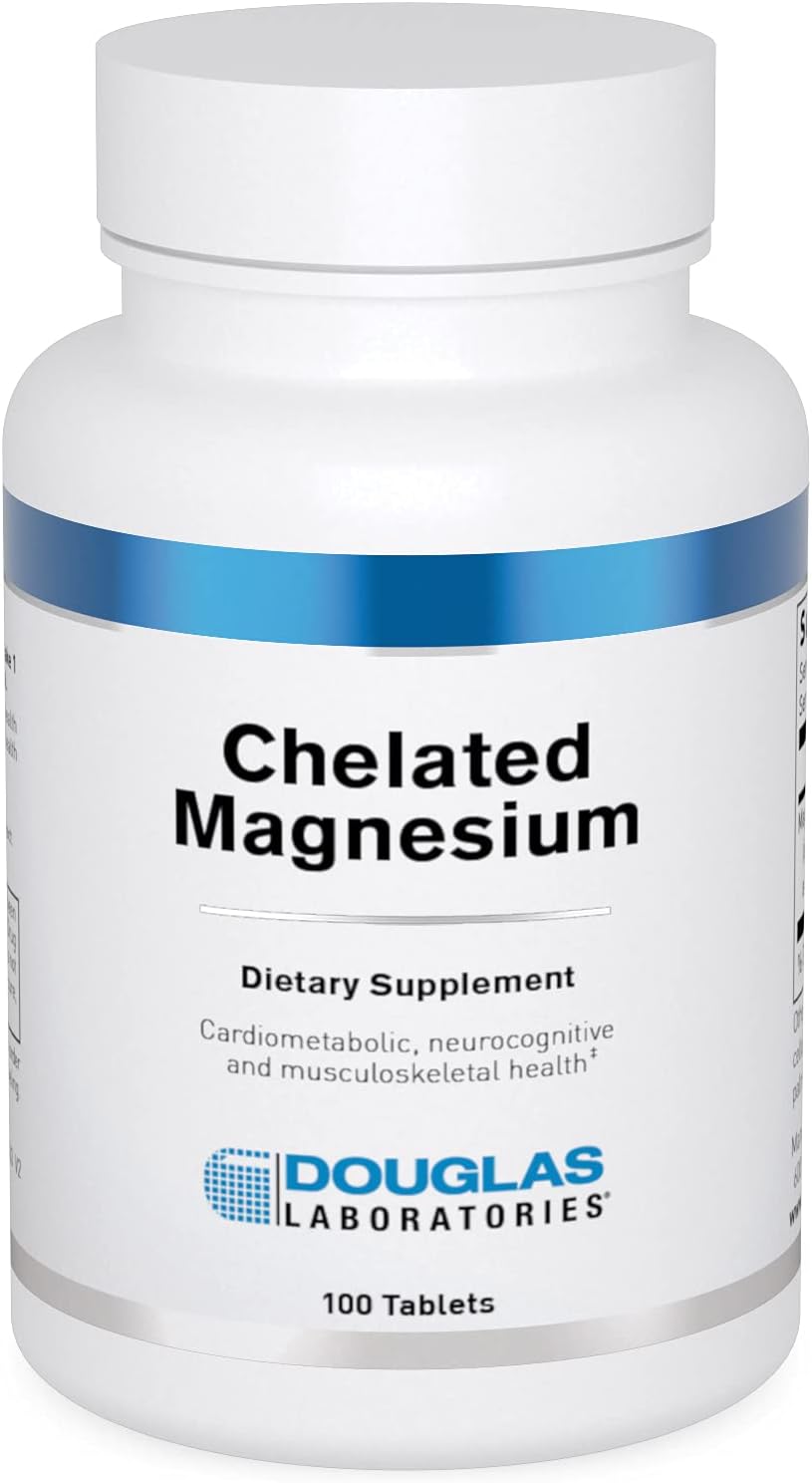 A bottle of Douglas Labs Chelated Magnesium dietary supplement containing 100 tablets.