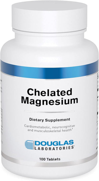 A bottle of Douglas Labs Chelated Magnesium dietary supplement containing 100 tablets.