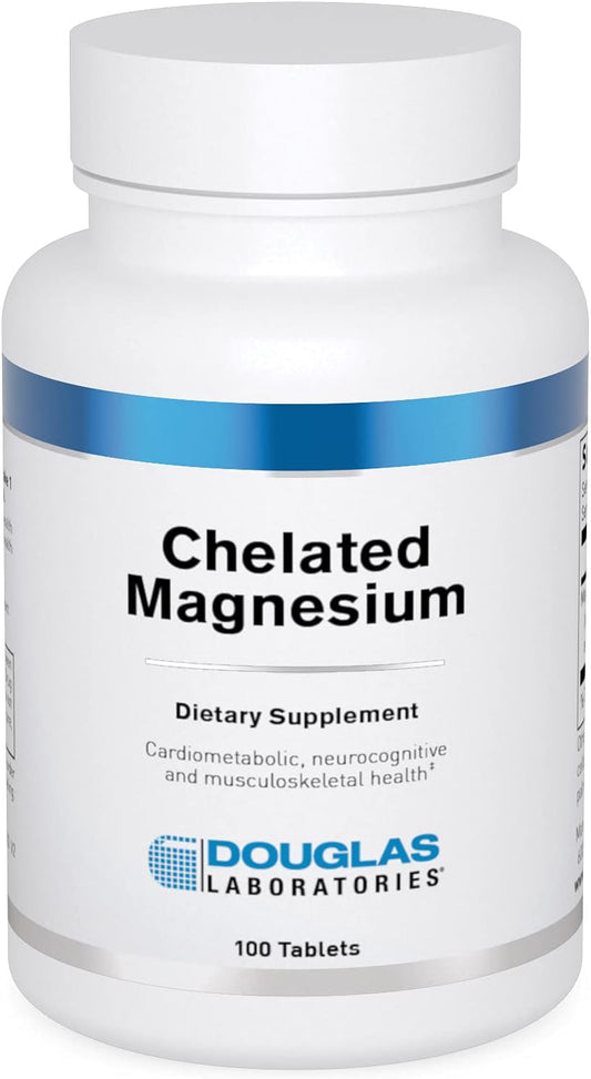 A bottle of Douglas Labs Chelated Magnesium dietary supplement containing 100 tablets.