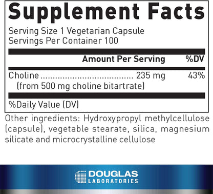 Supplement facts for a  bottle of Douglas Labs Choline Bitartrate dietary supplement