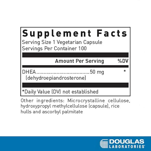 Supplement facts for a bottle of Douglas Labs DHEA (50 mg.), micronized dehydroepiandrosterone capsules.
