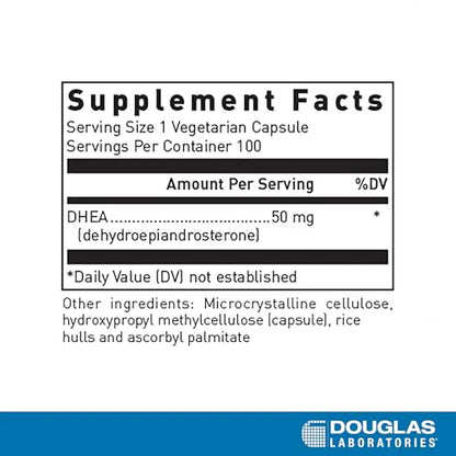 Supplement facts for a bottle of Douglas Labs DHEA (50 mg.), micronized dehydroepiandrosterone capsules.
