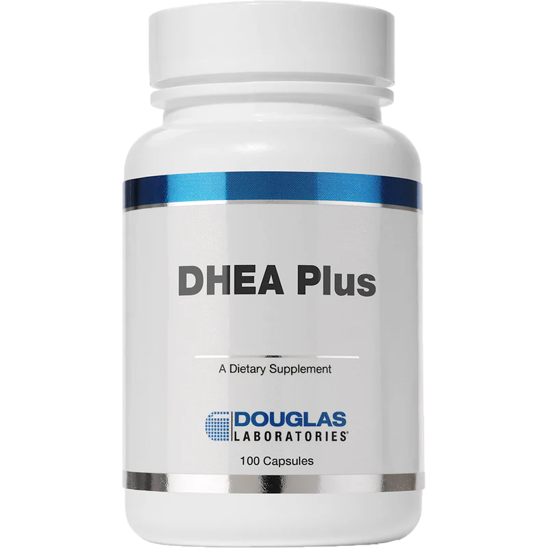 A bottle of Douglas Labs DHEA Plus dietary supplement with 100 capsules.