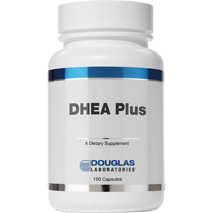 A bottle of Douglas Labs DHEA Plus dietary supplement with 100 capsules.