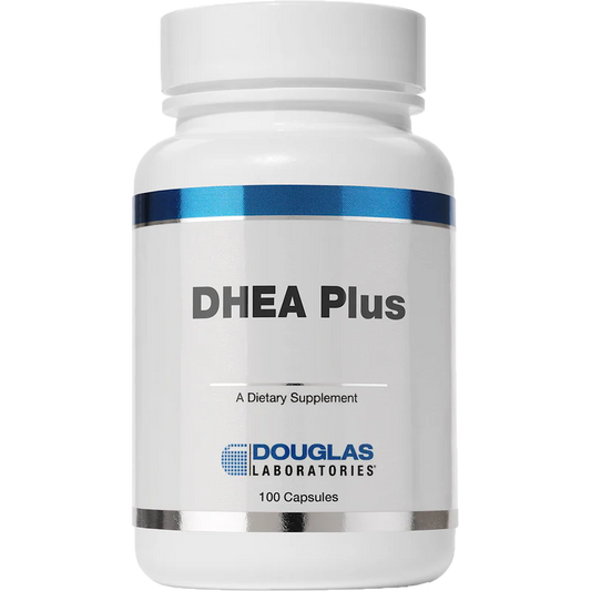 A bottle of Douglas Labs DHEA Plus dietary supplement with 100 capsules.