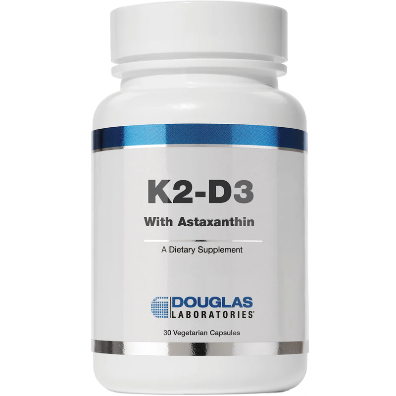A bottle of Douglas Labs K2-D3 with Astaxanthin, containing 30 vegetarian capsules, for cardiovascular and bone health.