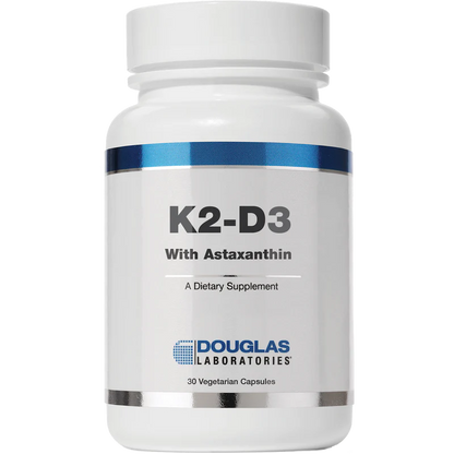 A bottle of Douglas Labs K2-D3 with Astaxanthin, containing 30 vegetarian capsules, for cardiovascular and bone health.