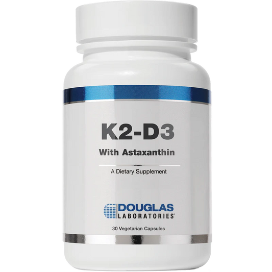 A bottle of Douglas Labs K2-D3 with Astaxanthin, containing 30 vegetarian capsules, for cardiovascular and bone health.