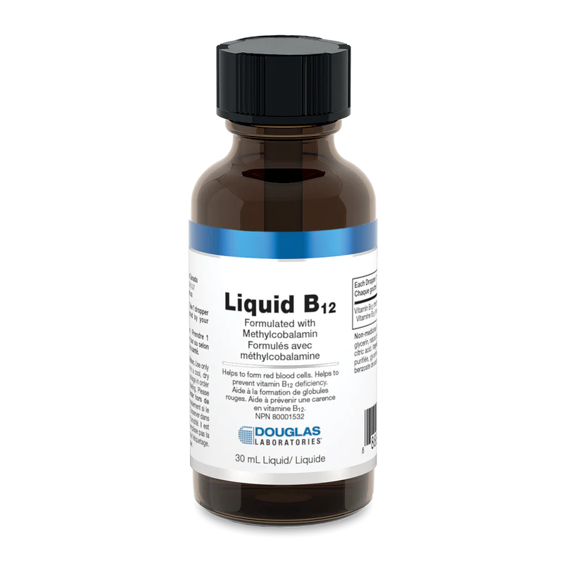 A bottle of Douglas Labs Liquid B12 supplement with a white label and blue accents.