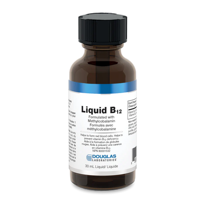 A bottle of Douglas Labs Liquid B12 supplement with a white label and blue accents.