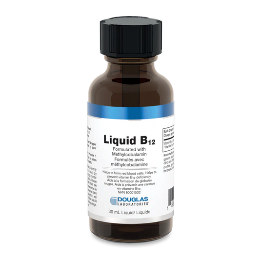 A bottle of Douglas Labs Liquid B12 supplement with a white label and blue accents.