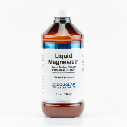 A bottle of Douglas Labs Liquid Magnesium dietary supplement with Great Tasting Natural Pomegranate Flavor.