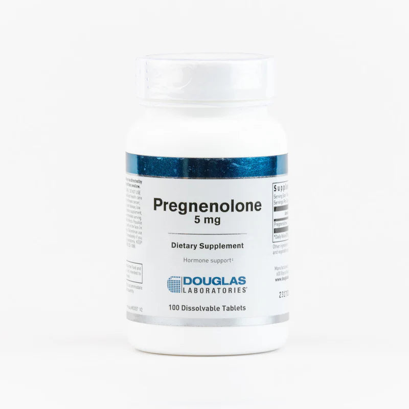 A bottle of Douglas Labs Pregnenolone 5 mg dietary supplement containing 100 dissolvable tablets.