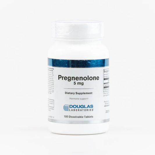 A bottle of Douglas Labs Pregnenolone 5 mg dietary supplement containing 100 dissolvable tablets.