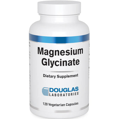 A bottle of Douglas Labs Magnesium Glycinate dietary supplement with 120 vegetarian capsules.