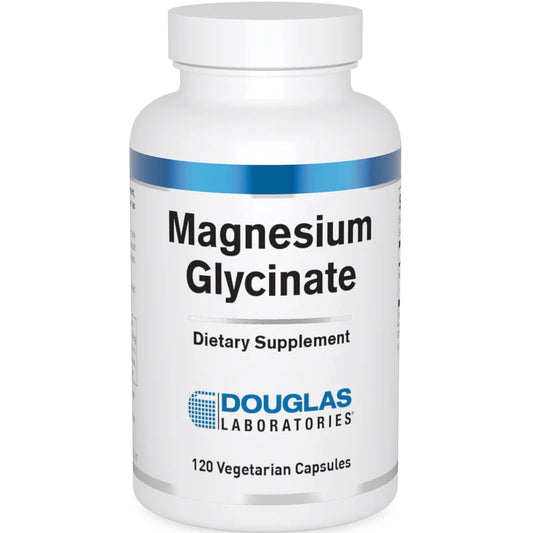 A bottle of Douglas Labs Magnesium Glycinate dietary supplement with 120 vegetarian capsules.