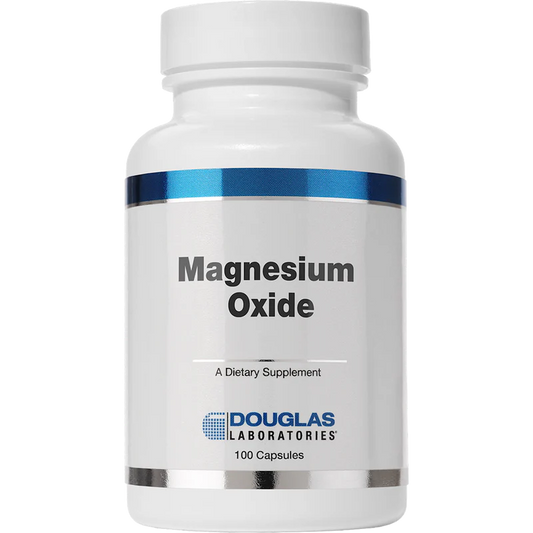 A bottle of Douglas Labs Magnesium Oxide dietary supplement containing 100 capsules.