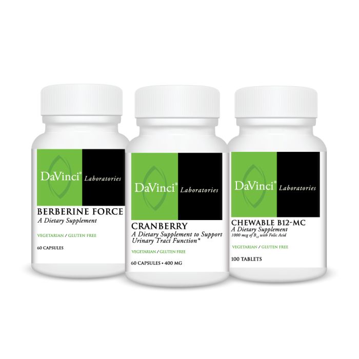 Three bottles of DaVinci Labs supplements, labeled as Berberine Force, Cranberry, and Chewable B12-MC, in white, green, and black packaging.