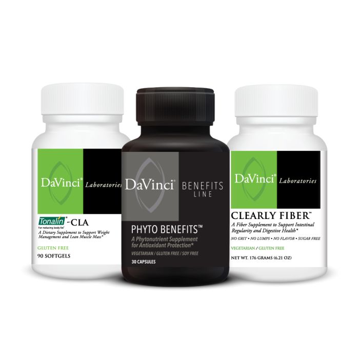 Three bottles of DaVinci Laboratories supplements, including Tonalin-CLA, Phyto Benefits, and Clearly Fiber.