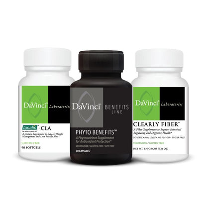 Three bottles of DaVinci Laboratories supplements, including Tonalin-CLA, Phyto Benefits, and Clearly Fiber.