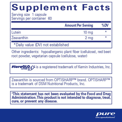 Supplement facts and ingredient information for a bottle of Pure Encapsulations Lutein/Zeaxanthin dietary supplement 