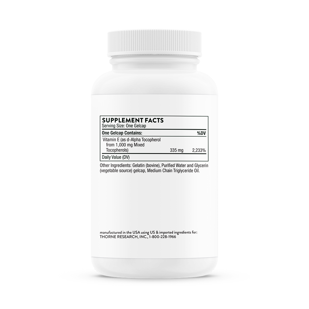 Supplement facts for a bottle of Thorne Ultimate-E mixed tocopherols dietary supplement 
