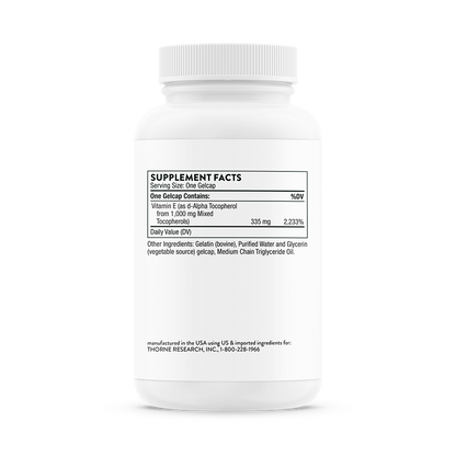 Supplement facts for a bottle of Thorne Ultimate-E mixed tocopherols dietary supplement 