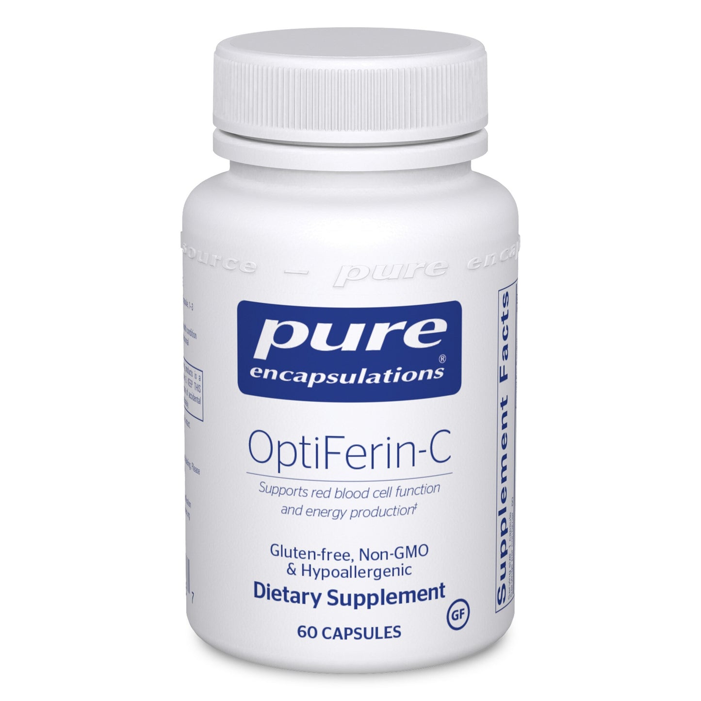 A bottle of Pure Encapsulations OptiFerin-C dietary supplement with 60 capsules, labeled for supporting red blood cell function and energy production.