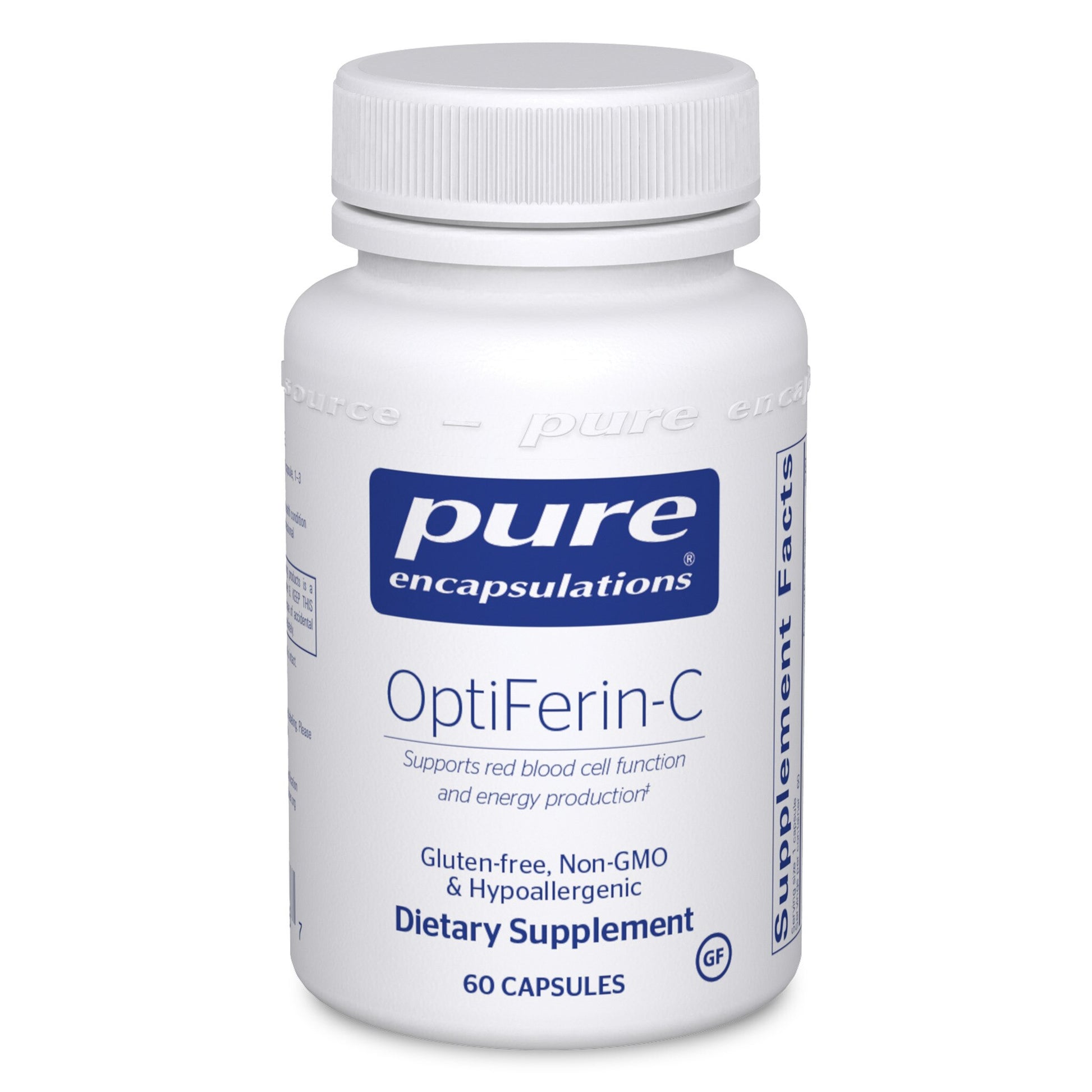 A bottle of Pure Encapsulations OptiFerin-C dietary supplement with 60 capsules, labeled for supporting red blood cell function and energy production.
