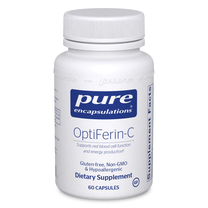 A bottle of Pure Encapsulations OptiFerin-C dietary supplement with 60 capsules, labeled for supporting red blood cell function and energy production.