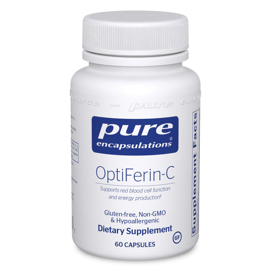 A bottle of Pure Encapsulations OptiFerin-C dietary supplement with 60 capsules, labeled for supporting red blood cell function and energy production.