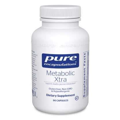 A bottle of Pure Encapsulations Metabolic Xtra dietary supplement with 90 capsules, labeled for supporting healthy glucose metabolism.
