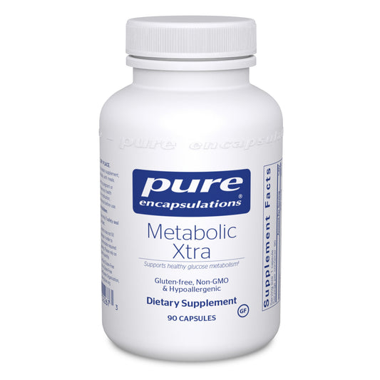 A bottle of Pure Encapsulations Metabolic Xtra dietary supplement with 90 capsules, labeled for supporting healthy glucose metabolism.