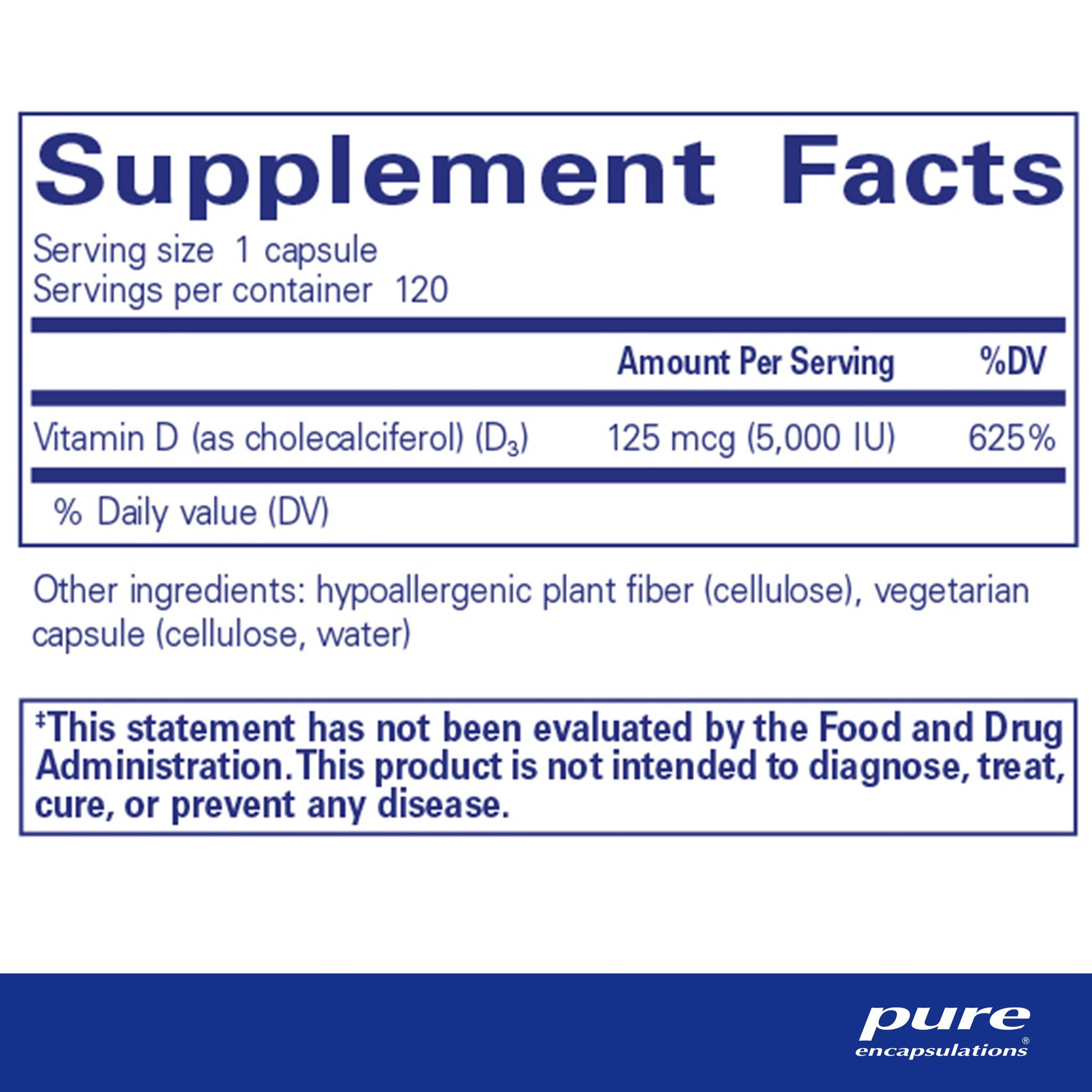 Supplement facts and ingredient information for a bottle of Pure Encapsulations Vitamin D3 supplement