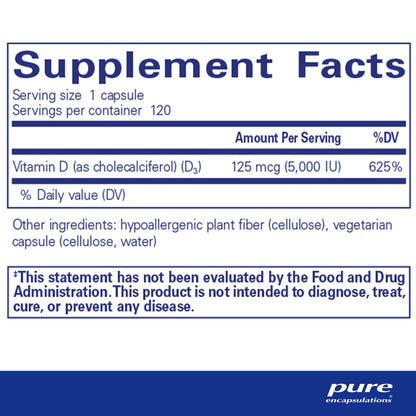 Supplement facts and ingredient information for a bottle of Pure Encapsulations Vitamin D3 supplement