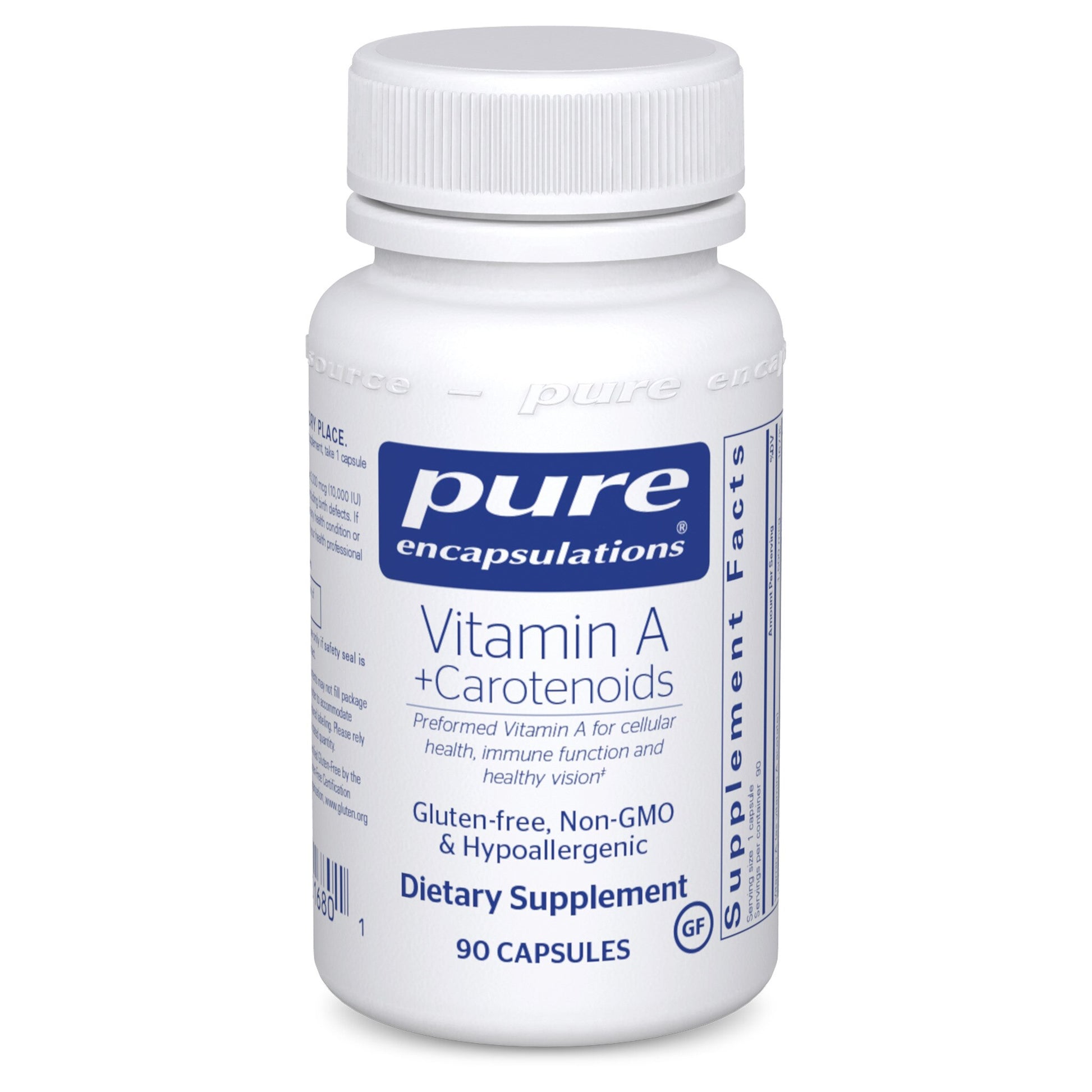 A bottle of Pure Encapsulations Vitamin A + Carotenoids dietary supplement with 90 capsules.