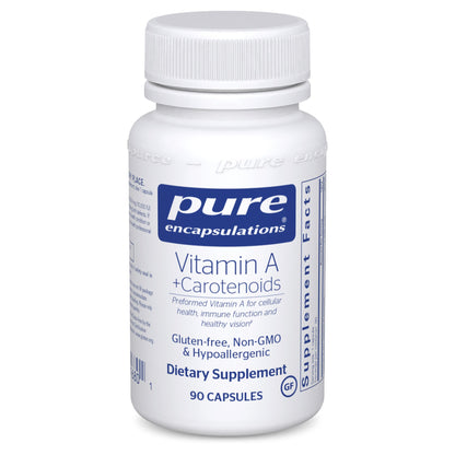 A bottle of Pure Encapsulations Vitamin A + Carotenoids dietary supplement with 90 capsules.