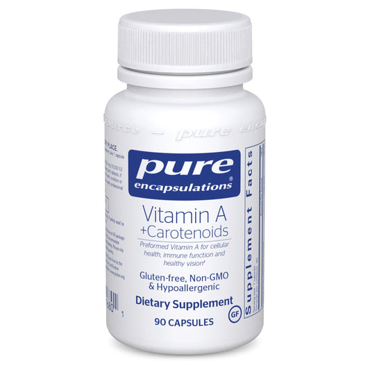 A bottle of Pure Encapsulations Vitamin A + Carotenoids dietary supplement with 90 capsules.