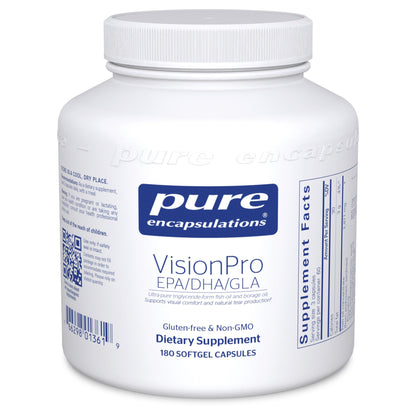 A bottle of Pure Encapsulations VisionPro EPA/DHA/GLA softgel capsules.
