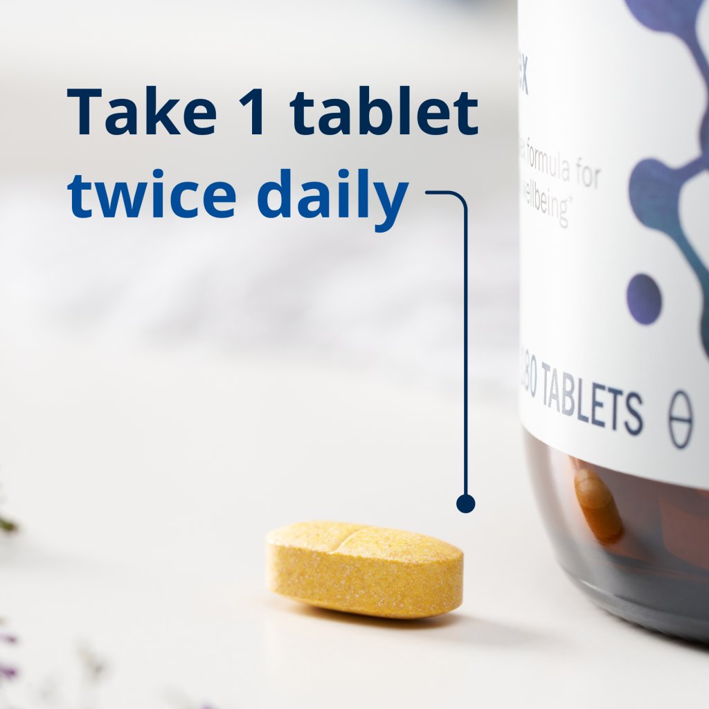 Yellow pill with text 'Take 1 tablet twice daily' and a bottle of tablets in the background.