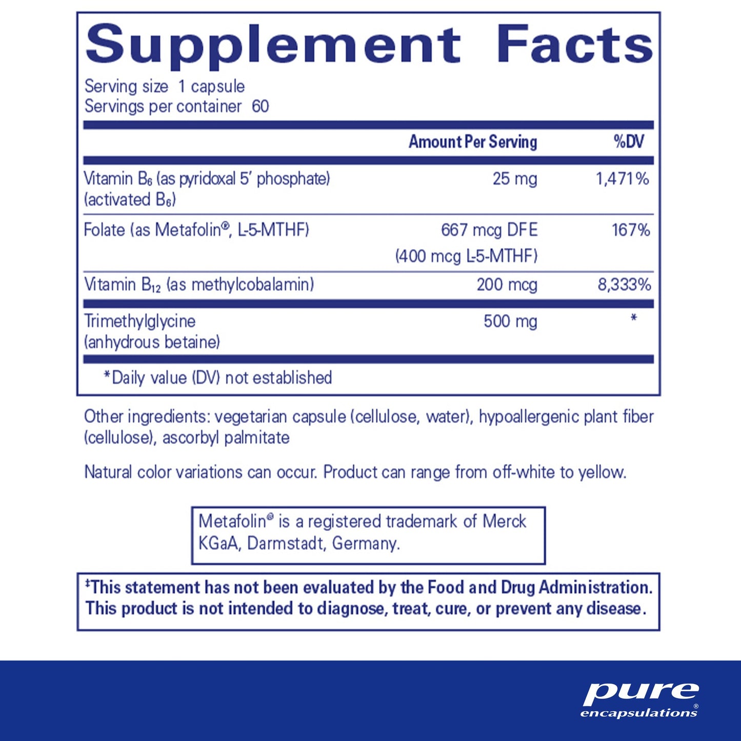 Supplement facts for 'Pure Encapsulations Homocysteine Factors