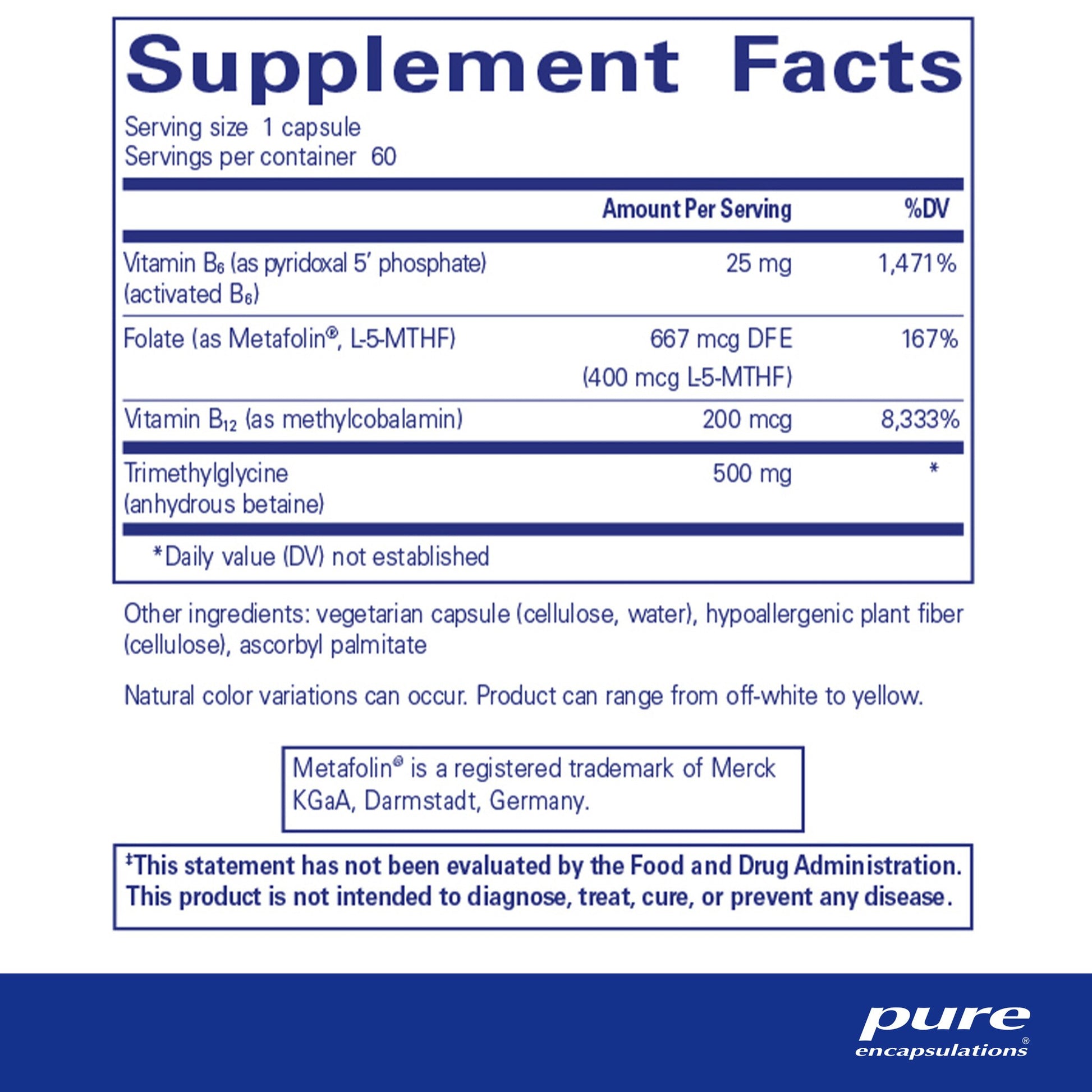 Supplement facts for 'Pure Encapsulations Homocysteine Factors